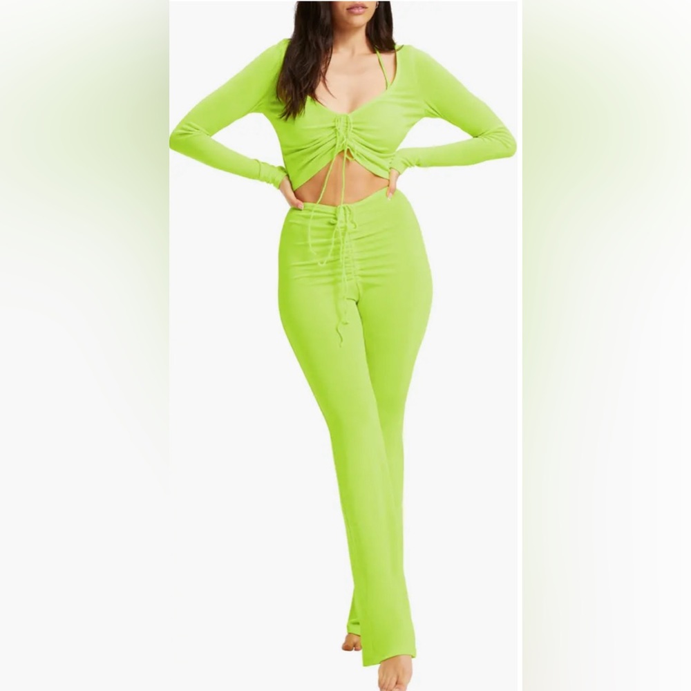 Good American Shimmer High Waist Pants Crop Top Set Neon